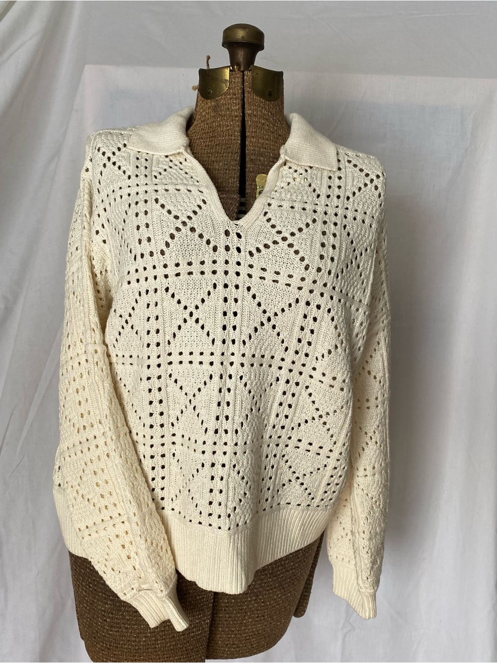 Cream Open-Knit Collared Sweater
